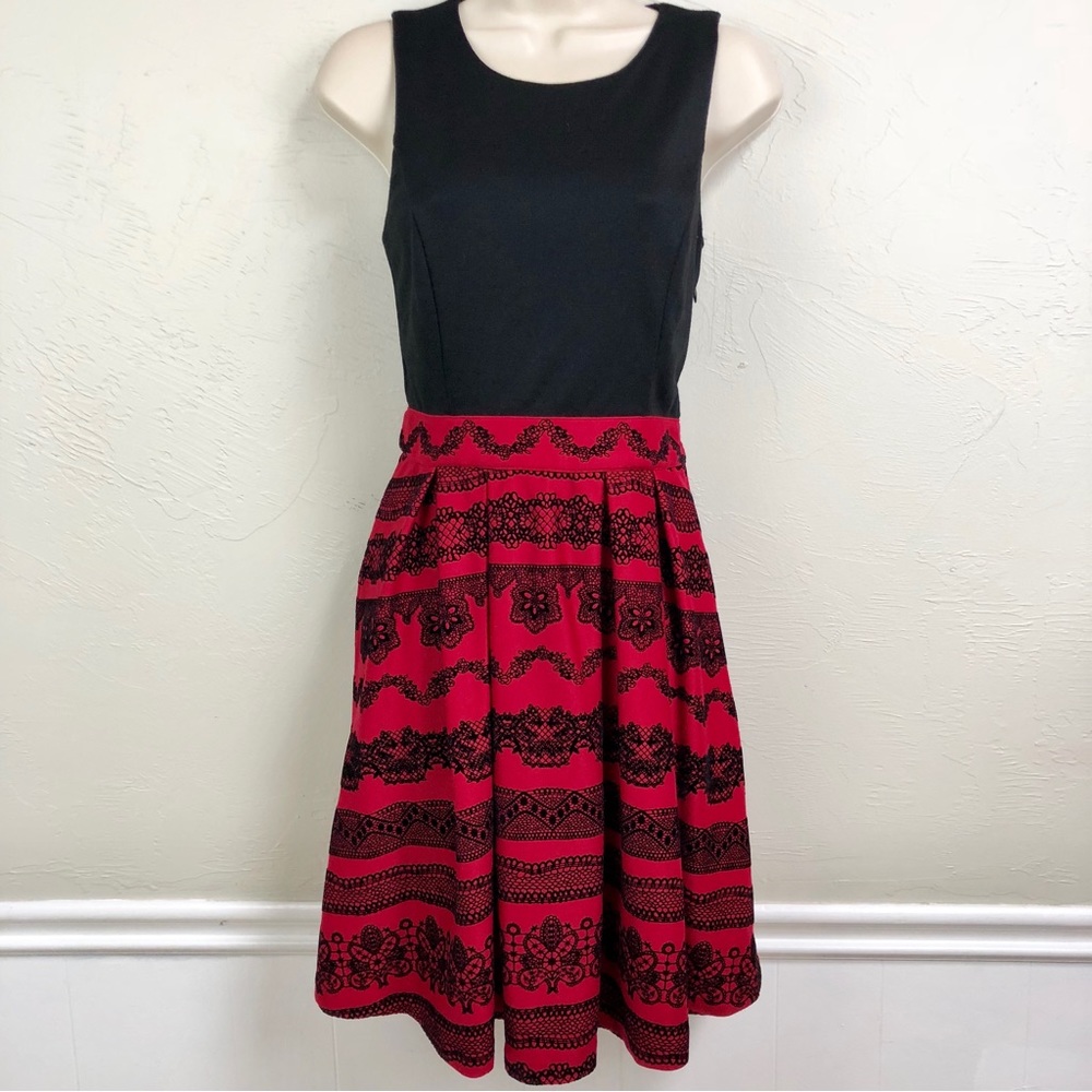 Elle Black Red Flocked Fit & Flare Party Dress - Picture 3 of 16